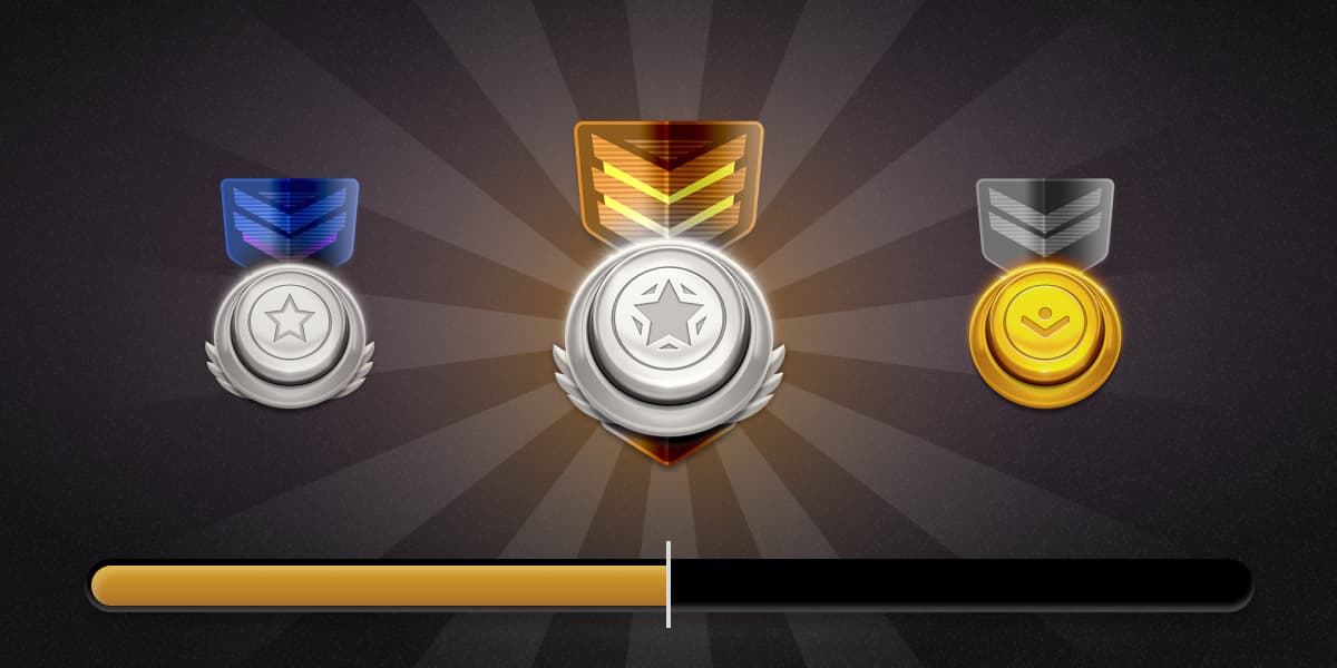 Button game screen showing rank progress with three medals: blue, silver, and gold. A progress bar at the bottom indicates advancement towards the next rank.