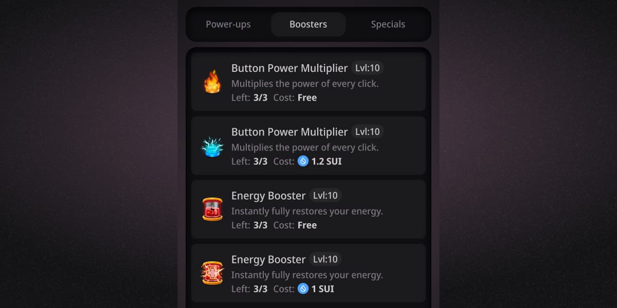 Button game’s Boosters menu showing items including Button Power Multiplier and Energy Booster, with different costs and availability.