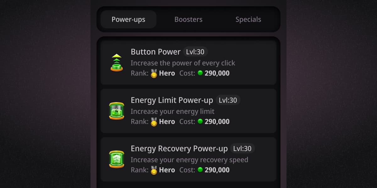 Button game power-ups menu showing Button Power, Energy Limit Power-up, and Energy Recovery Power-up.