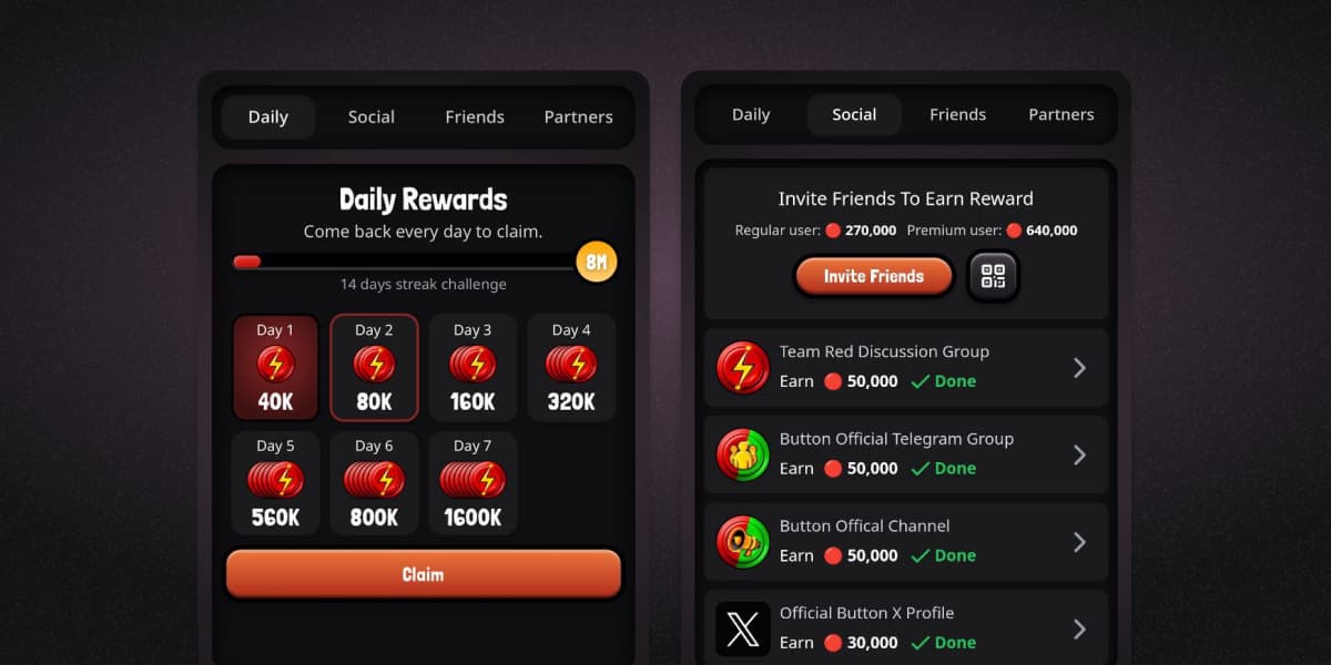Button game interface displaying social, friends, and partners tabs with various reward opportunities. The social menu shows rewards for joining Team Red Discussion Group, Button Official Telegram Group, Button Official Channel, and Official Button X Profile. The friends menu shows rewards for inviting friends with milestones for 3, 10, and 20 friends joined. The partners menu shows rewards for linking Panther Sui Wallet and following Suipiens on X.