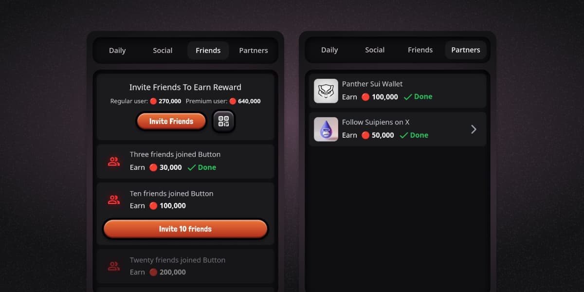 Button game interface displaying social, friends, and partners tabs with various reward opportunities. The social menu shows rewards for joining Team Red Discussion Group, Button Official Telegram Group, Button Official Channel, and Official Button X Profile. The friends menu shows rewards for inviting friends with milestones for 3, 10, and 20 friends joined. The partners menu shows rewards for linking Panther Sui Wallet and following Suipiens on X.