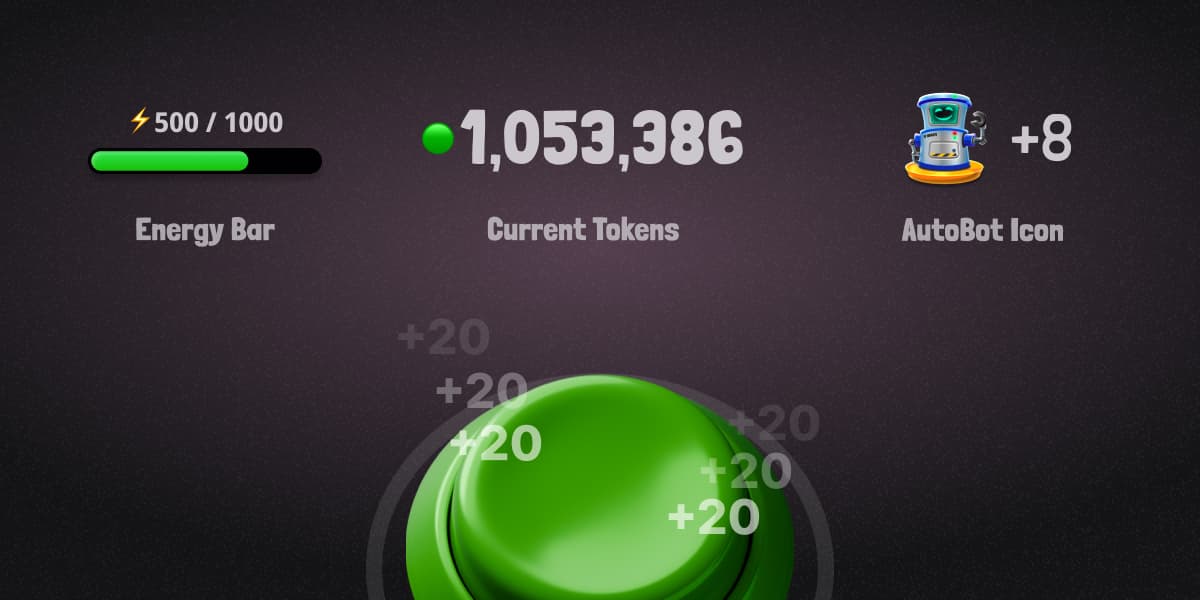 Button game push page showing an energy bar with 500/1000 energy, current tokens count of 1,053,386, AutoBot icon with a count of 8, and a green button being pressed with +20 increments displayed.