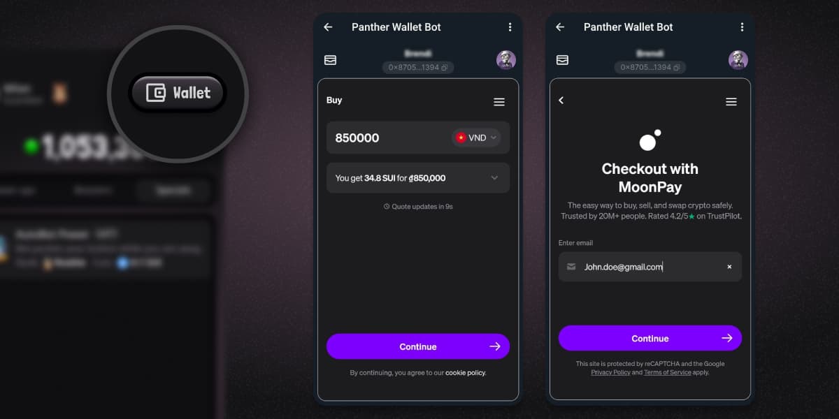 Panther Wallet Bot interface with Wallet button, buy screen for 850,000 VND, and MoonPay checkout with email entry.