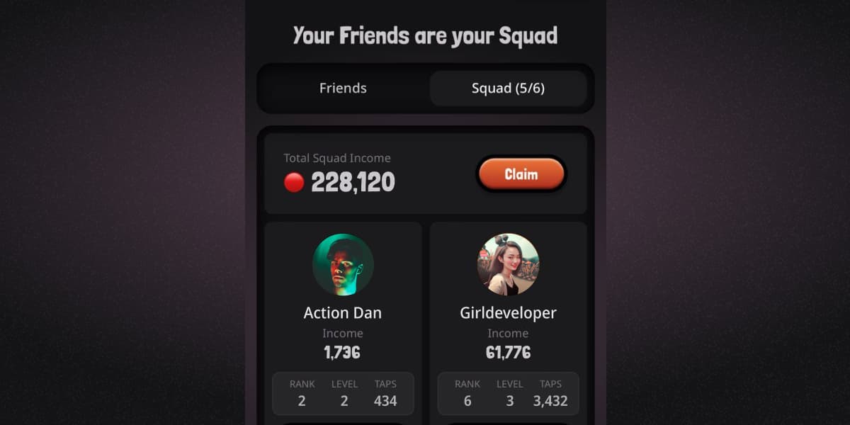 Screen for the Button game's new feature called 'Squad'. The screen has two tabs at the top: 'Friends' and 'Squad.' Below the tabs, there is a section displaying the 'Total Squad Income' with a 'Claim' button. Beneath this section, there are two squad members shown with their stats.