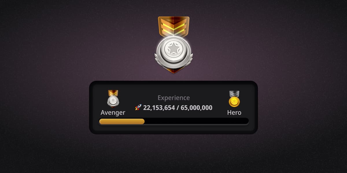 Button game experience screen showing rank progress from Avenger to Hero with a medal.