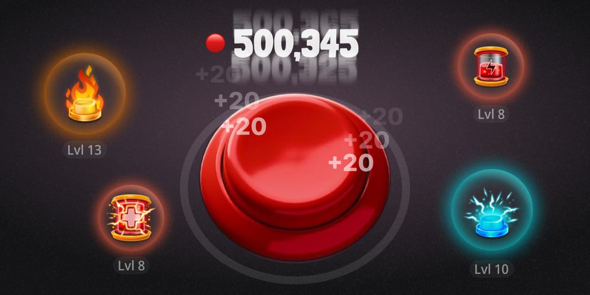 Button game screen showing a red button being pressed with +20 increments displayed, current token count of 500,345, and power-up icons: fire Button Power Multiplier at Level 13, red Energy Booster at Level 8, yellow Button Power Multiplier at Level 8, and blue Button Power Multiplier at Level 10.