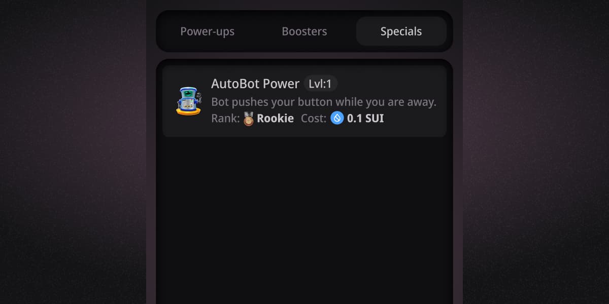 Button game screen showing AutoBot Power special, bot pushes button while away, Level 1, cost: 0.1 SUI.