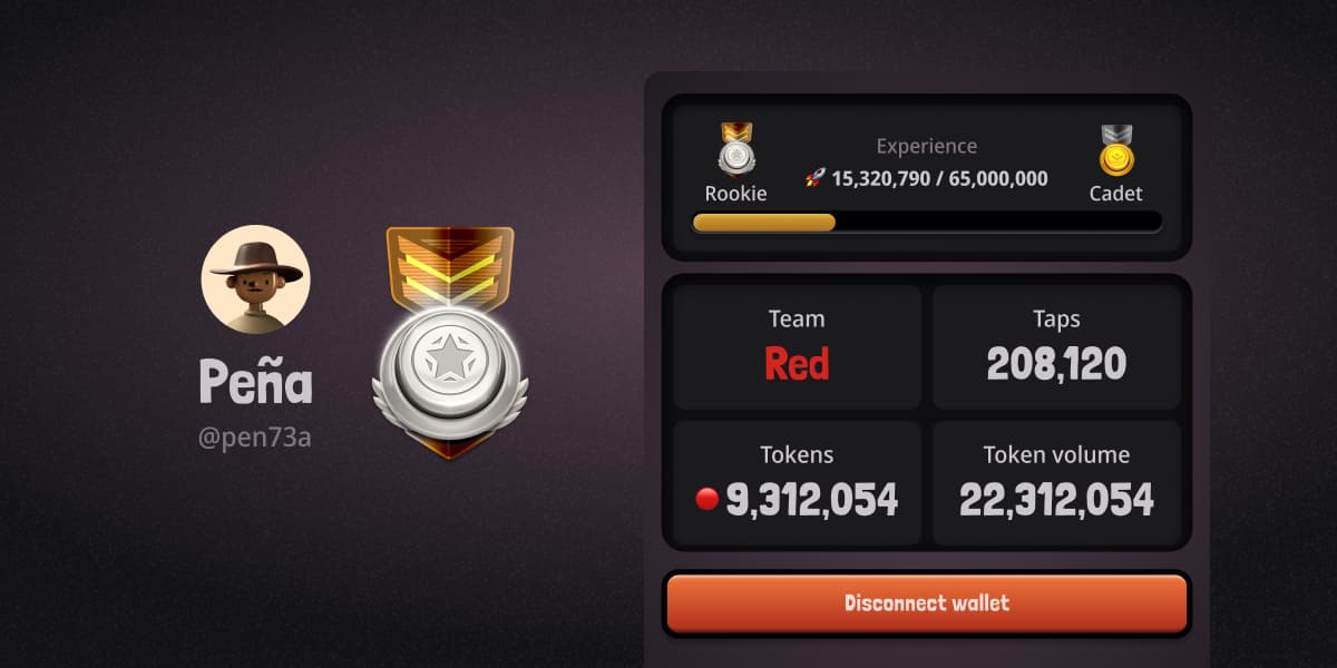 Button game profile screen showing user Peña (@pen73a), experience progress from Rookie to Cadet, team affiliation with the Red team, total taps, tokens, token volume, and a button to disconnect the wallet.